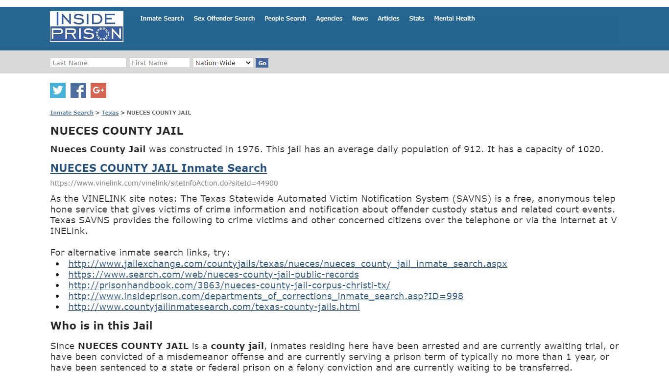 NUECES COUNTY JAIL - Texas - Inmate Search - Inside Prison